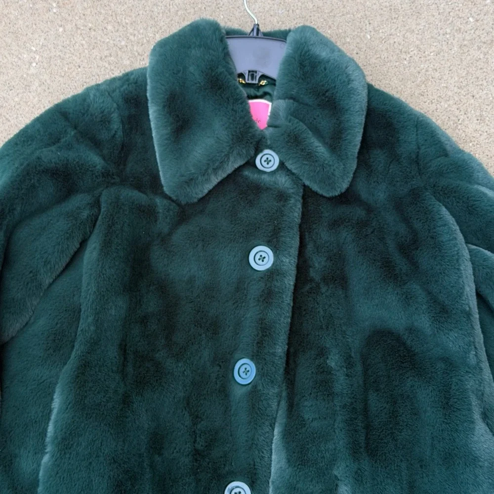 Kate Spade Pine Grove Plush Sz M Faux Fur Jacket Emerald Green Coat K9747 NEW